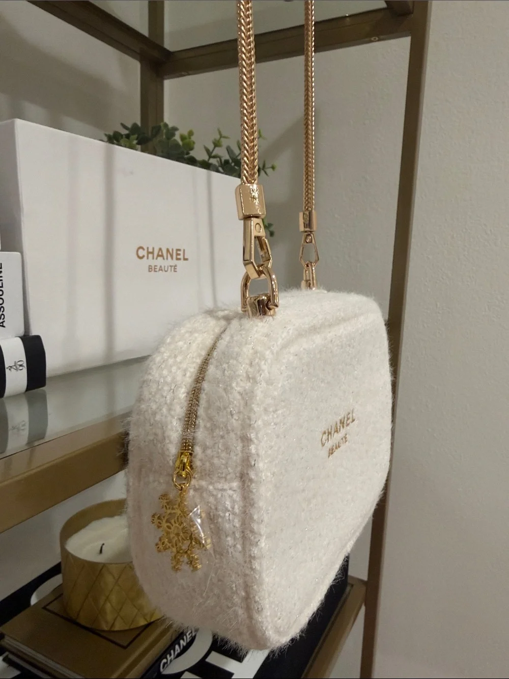 CHANEL Cream Bouclé Beaute Crossbody with Gold Chain